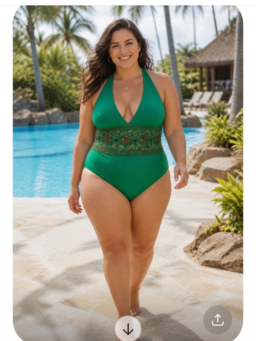Shape FX Emerald Green Halter One-Piece Swimsuit 18W Embellished Band Plunge Nec